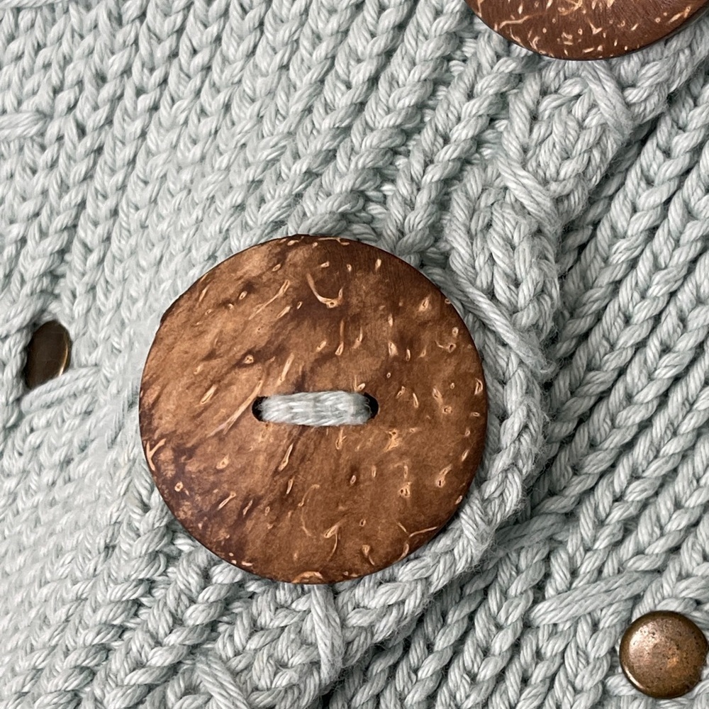 Pure Handknit Sea Glass 100% Cotton Knit by Hand Cardigan Sweater Large Buttons - Picture 5 of 6